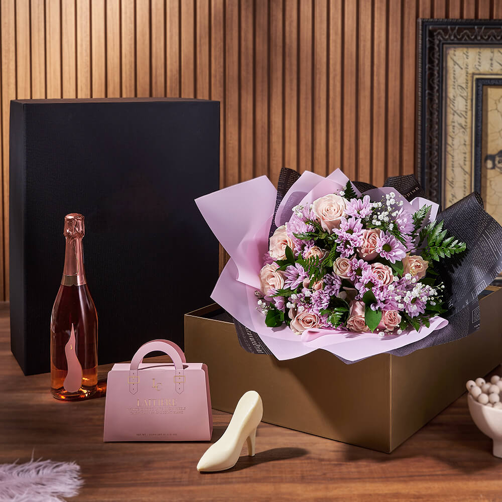 Champagne & Mixed Rose Gift Set, sparkling wine gift, sparkling wine, rose gift, rose, flower gift, flowers, floral gift basket, floral gift, Canada delivery