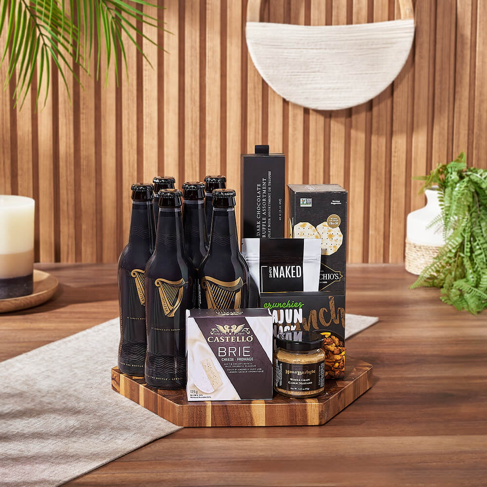 Craft Beer and Gourmet Snack Gift Basket with Dark Chocolate Truffles – how the gift is presented