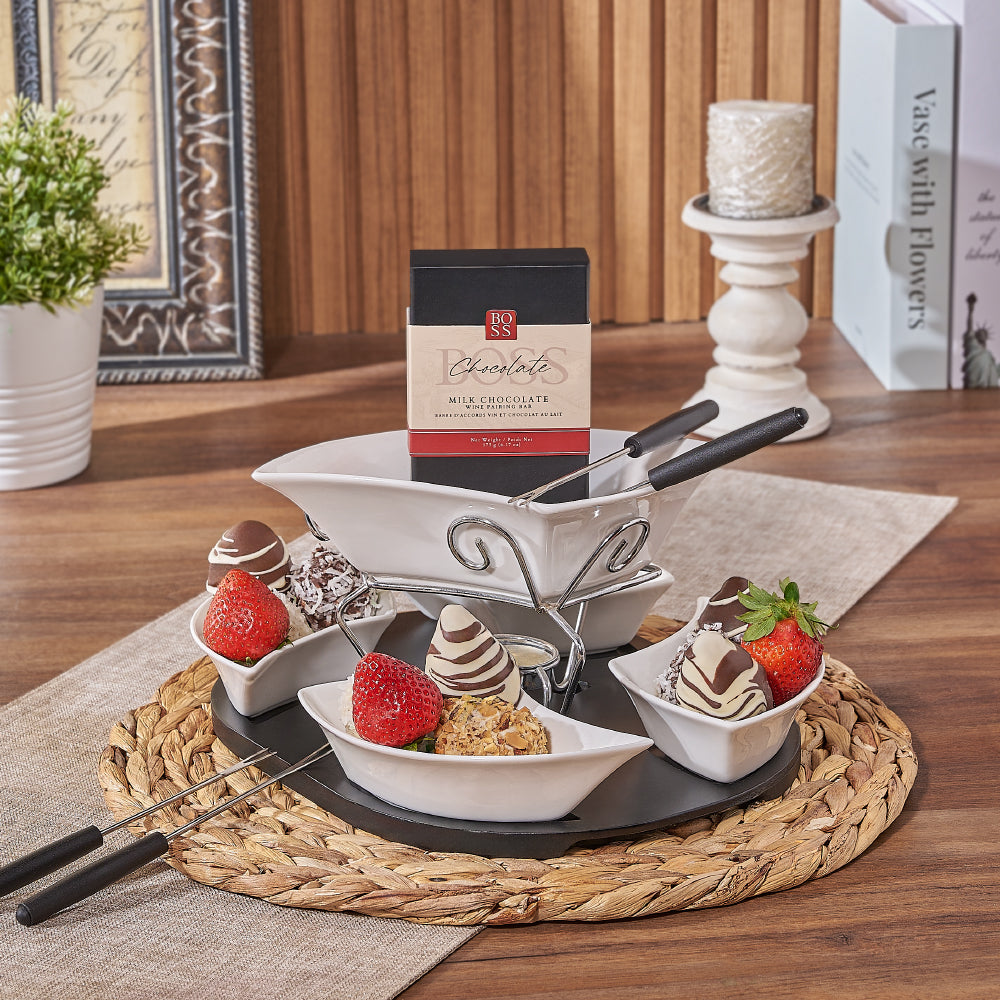 Chocolate Fondue &amp; Strawberry Gift, chocolate dipped strawberry gift, chocolate dipped strawberry, fondue gift, fondue, chocolate fondue, Canada delivery