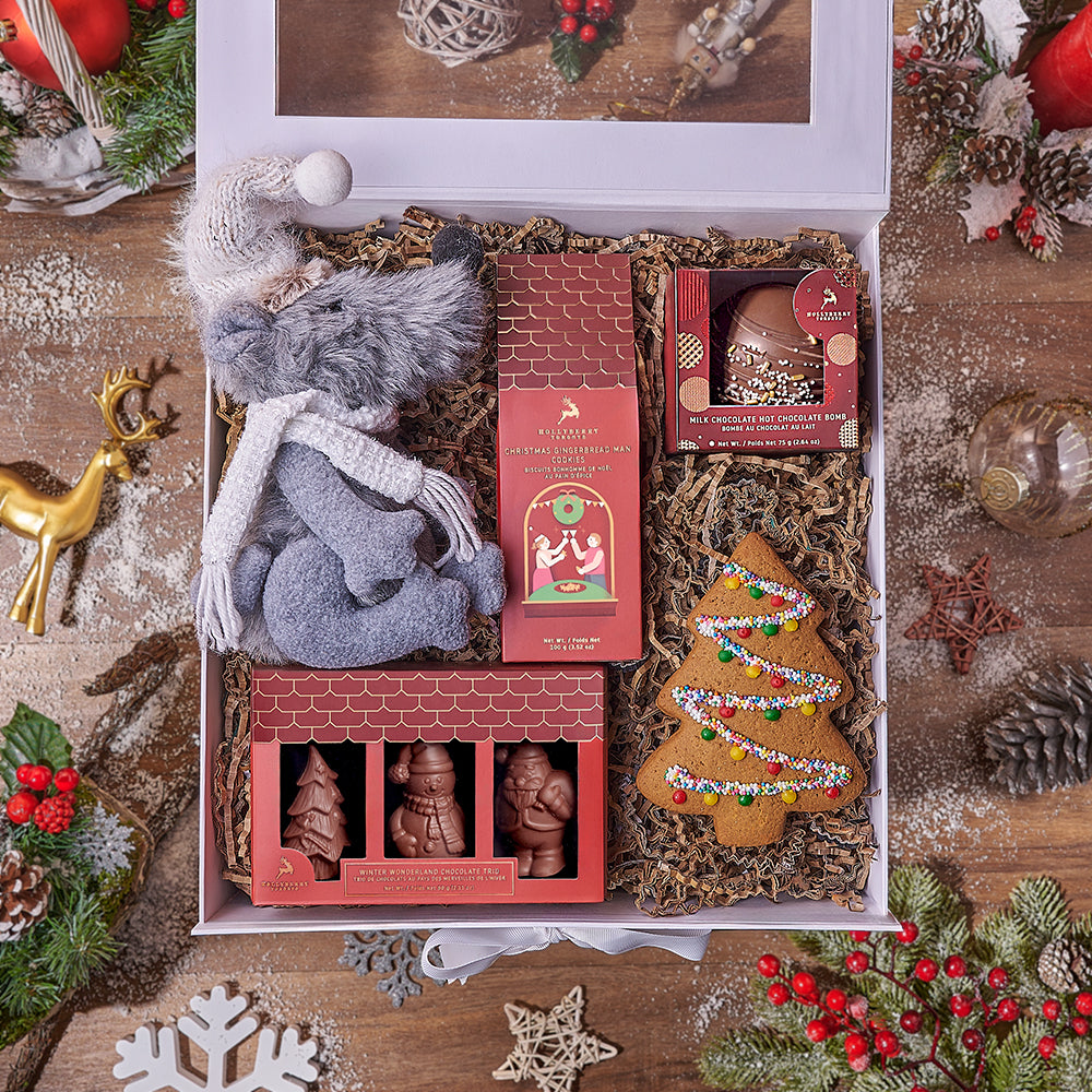 Holiday Cookies and Plush Gift Basket – gift basket with hollyberry gingerbread man cookies, hollyberry milk chocolate hot chocolate bomb