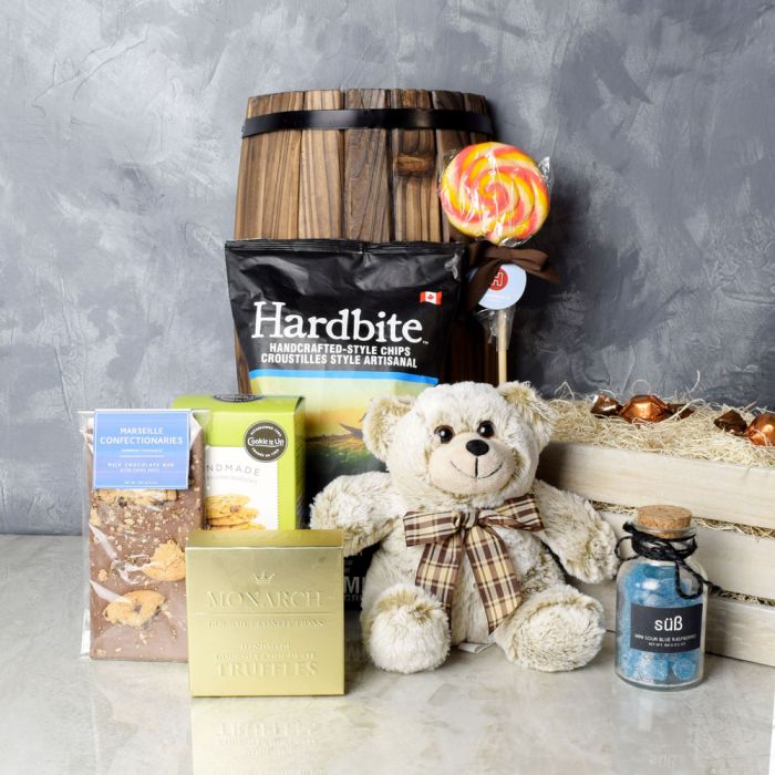 Deluxe Gift Crate with Gourmet Treats and Plush Silver Bear – how the gift is presented