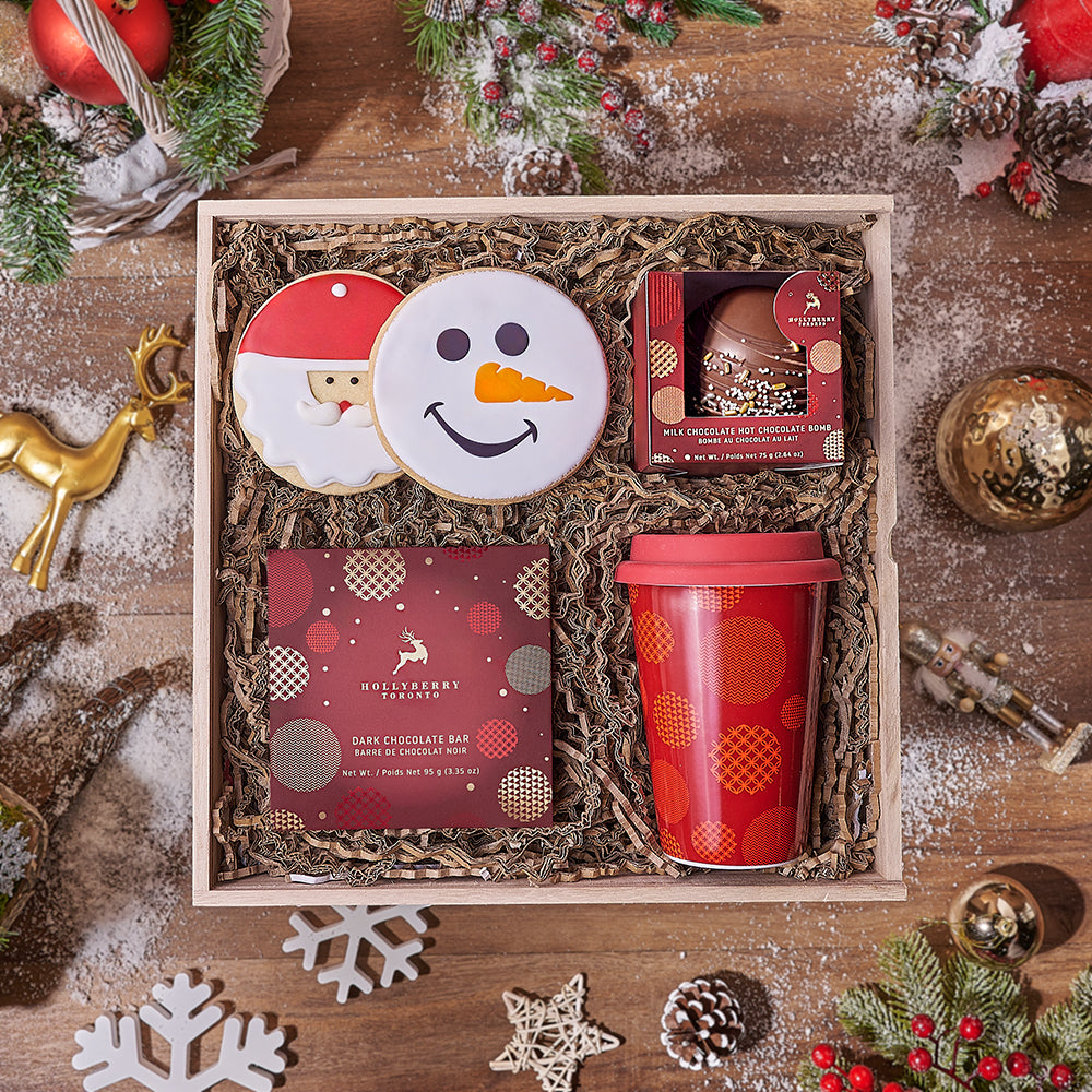 Holiday Hot Chocolate and Cookie Basket – how the gift is presented