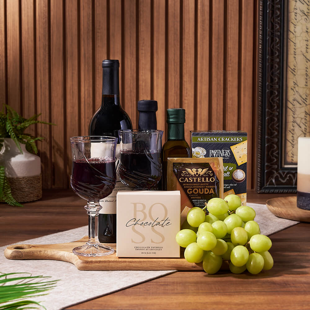 Decadent Wine &amp; Cheese Basket, wine gift, wine, fruit gift, fruit, cheese gift, cheese, charcuterie gift, charcuterie, Canada delivery