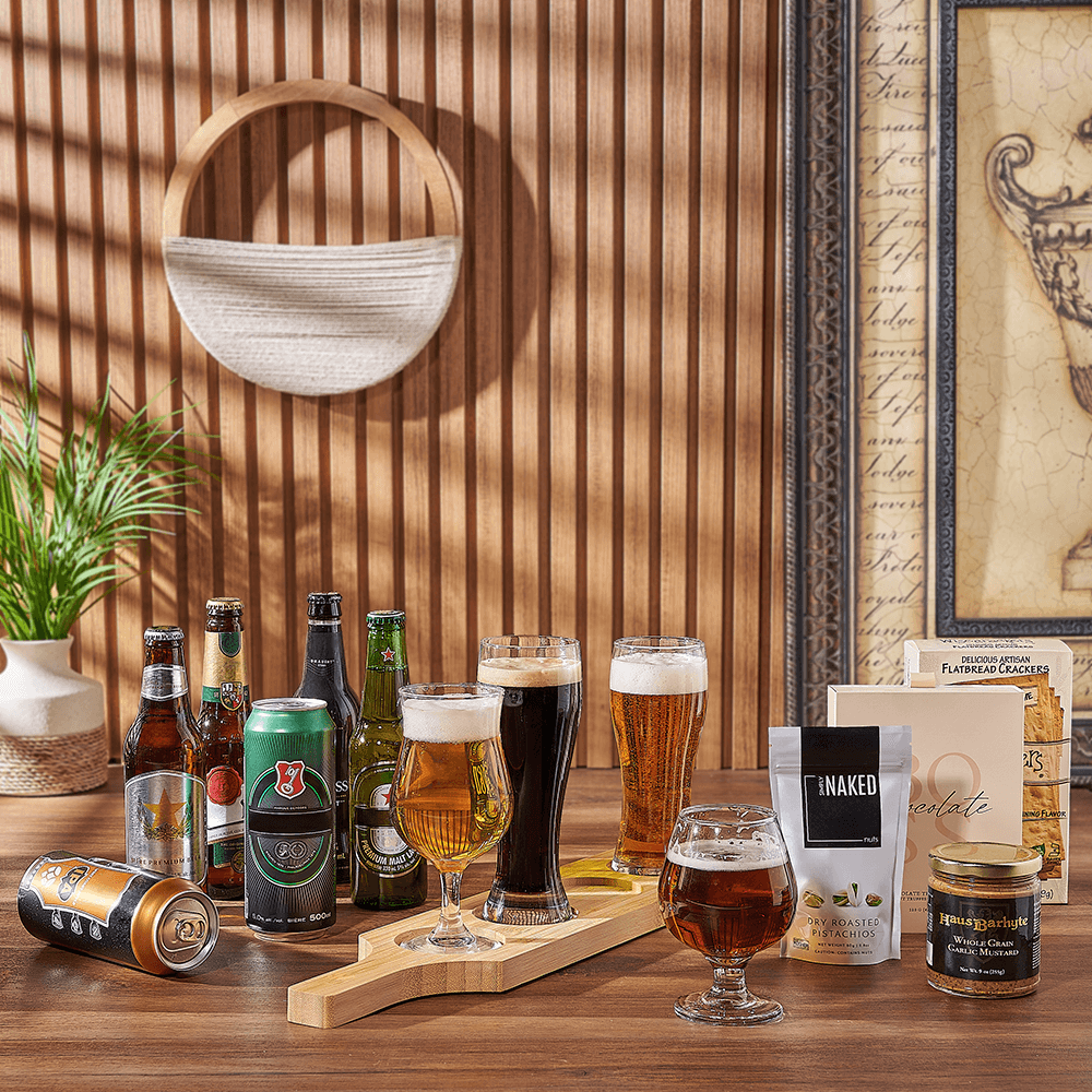 Six Beer Flight Board Set with Milk Chocolate and Gourmet Crackers – how the gift is presented