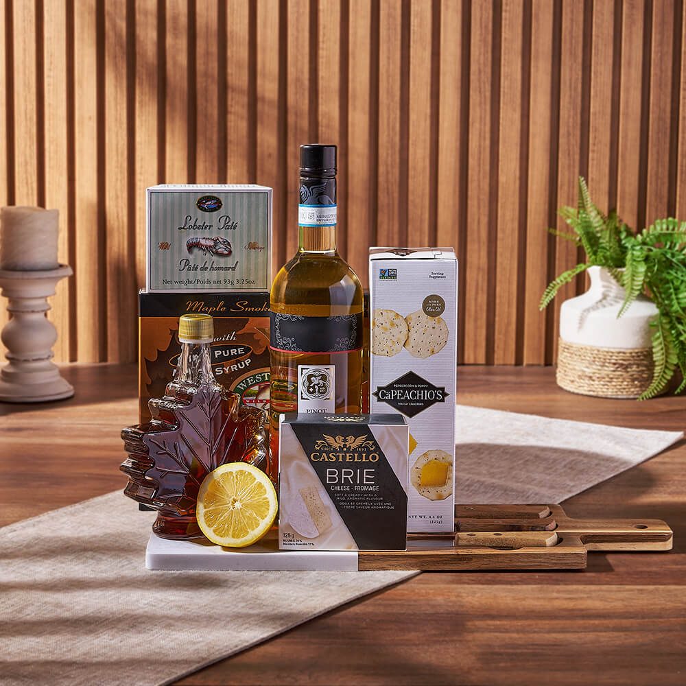 Deluxe Smoked Salmon &amp; Citrus Gift Basket with Wine, wine gift, wine, gourmet gift, gourmet, cheese gift, cheese, cheese board gift, cheese board, Canada delivery