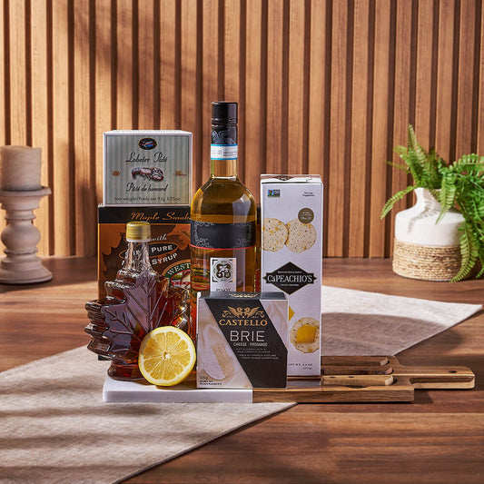 Deluxe Smoked Salmon & Citrus Gift Basket with Wine, wine gift, wine, gourmet gift, gourmet, cheese gift, cheese, cheese board gift, cheese board, Canada delivery