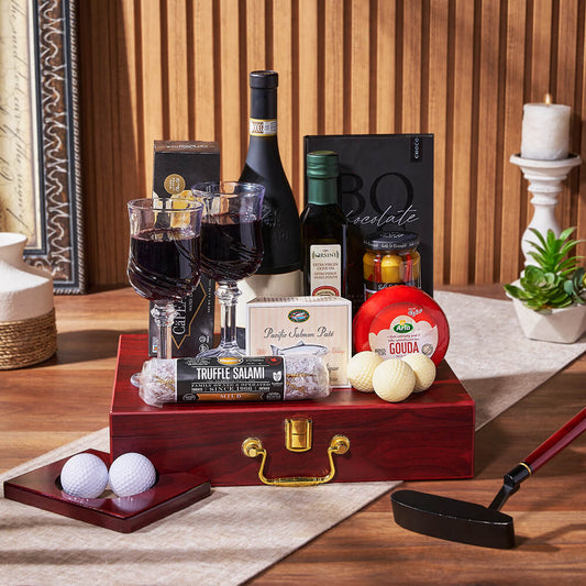 Deluxe Wine & Golfing Snack Set, wine gift, wine, charcuterie gift, charcuterie, seafood gift, seafood, golf gift, golf, Canada Baskets- Canada delivery