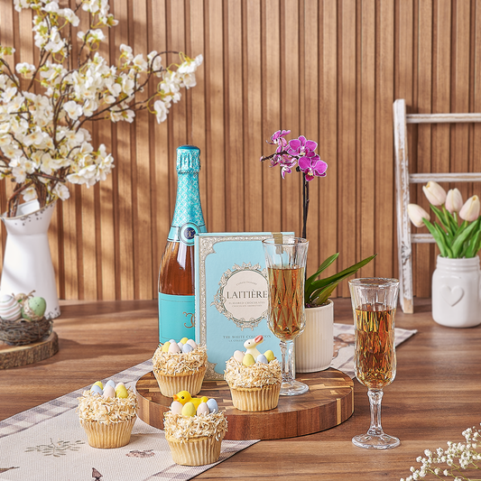Easter Cupcake & Champagne Gift Set, champagne gift, champagne, sparkling wine gift, sparkling wine, cupcake gift, cupcake, plant gift, plant, orchid gift, orchid, Canada delivery