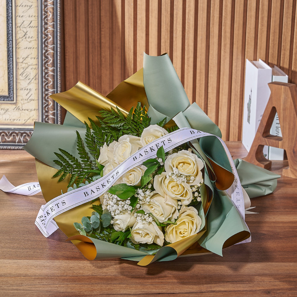 Sophisticated White Rose Bouquet with Ruscus and Fern Accents – how the gift is presented