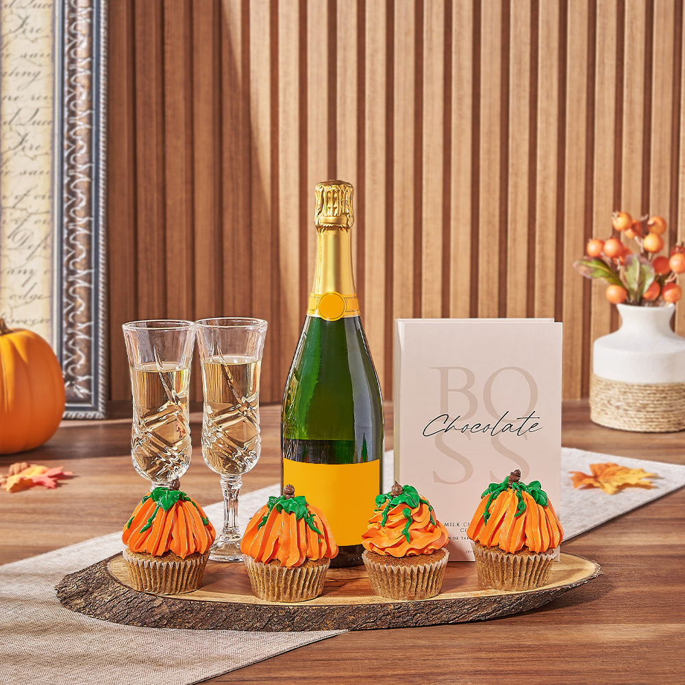 Seasonal Sparkling Wine Gift Featuring Pumpkin Cupcakes and BOSS Chocolates – how the gift is presented