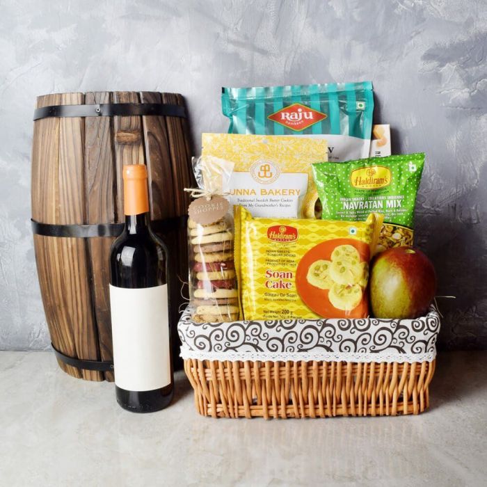 Diwali Gourmet Snack Gift Basket with Sparkling Wine – how the gift is presented