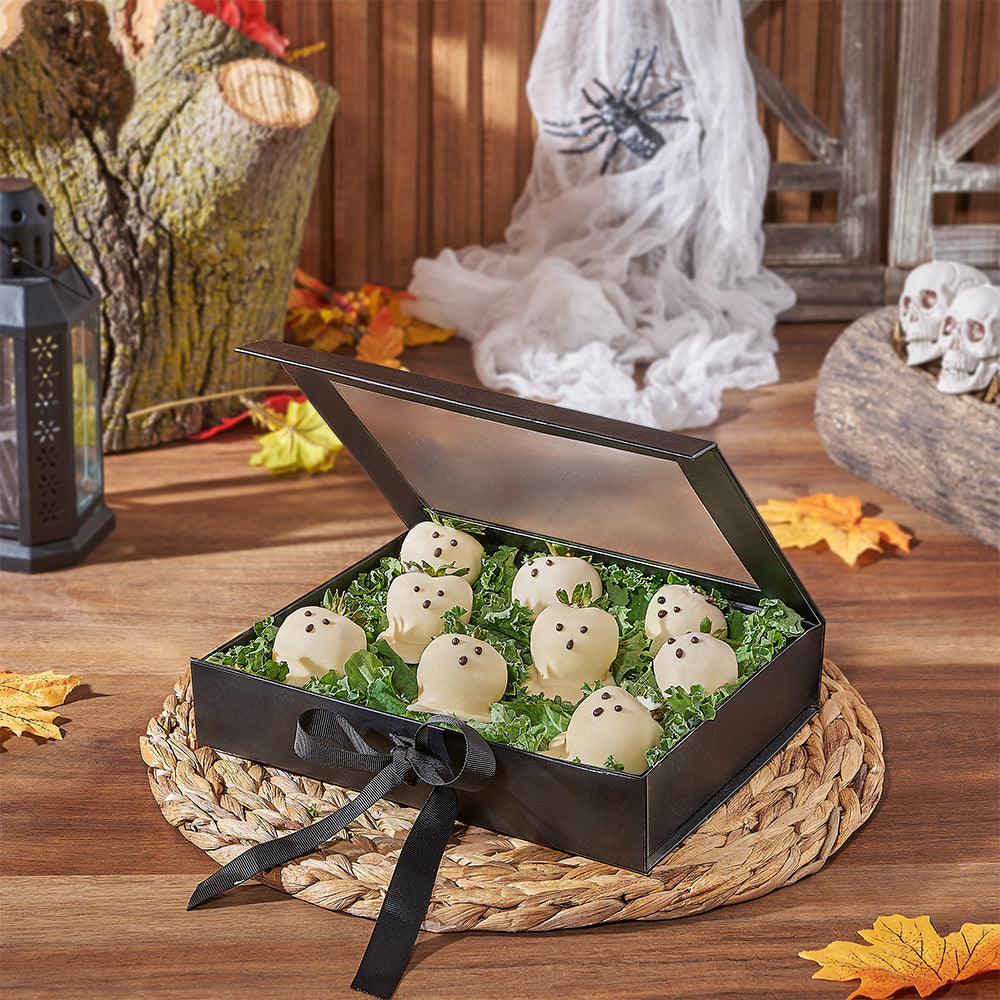 Black Box of Nine Chocolate Covered Strawberries with Halloween Ghost Design – how the gift is presented