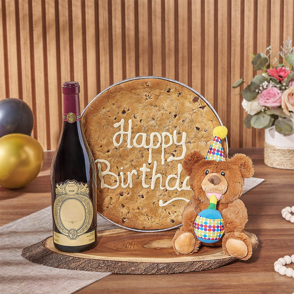 Wine Gift Basket Featuring Giant Chocolate Chip Cookie for Birthday – how the gift is presented
