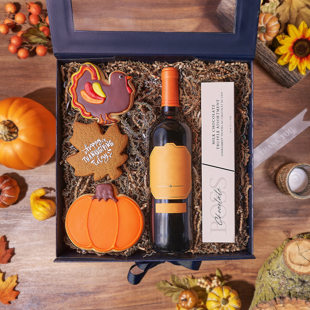 Happy Thanksgiving Wine & Cookie Box, thanksgiving gift, thanksgiving, wine gift, wine, chocolate gift, chocolate, Canada delivery