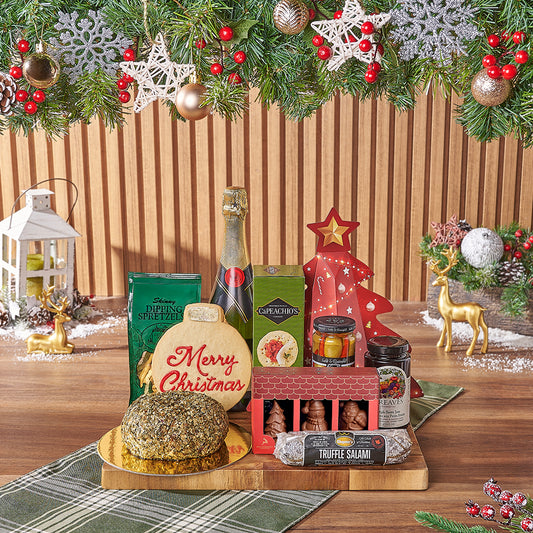 Holiday Champagne Cheese Ball Gift Basket, champagne gift, champagne, sparkling wine gift, sparkling wine, chocolate gift, chocolate, cheeseball gift, cheeseball, Christmas gift, christmas, Canada delivery