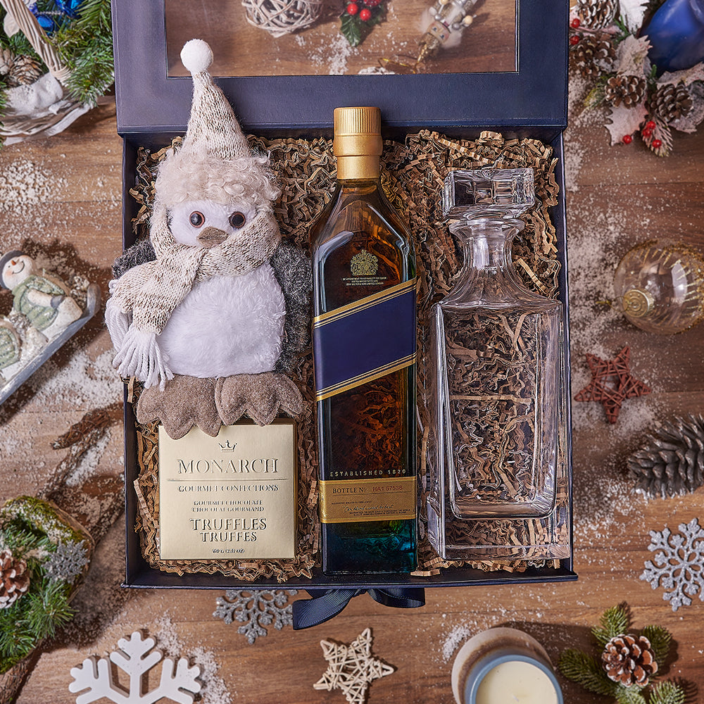 Holiday Liquor Decanter &amp; Treats Basket, liquor gift, liquor, chocolate gift, chocolate, decanter gift, decanter, christmas gift, christmas, Canada delivery