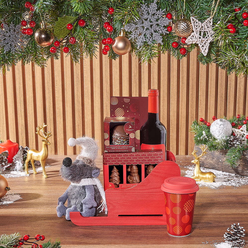 Holiday Wine Gift Basket in Pine Red Wooden Sled with Chocolates – how the gift is presented