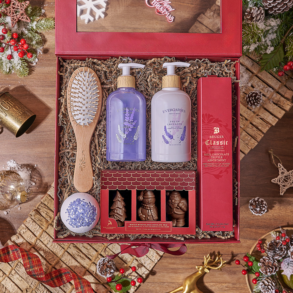 Holiday Spa &amp; Chocolate Gift Box, chocolate gift, chocolate, spa gift, spa, bath gift, bath, Canada delivery