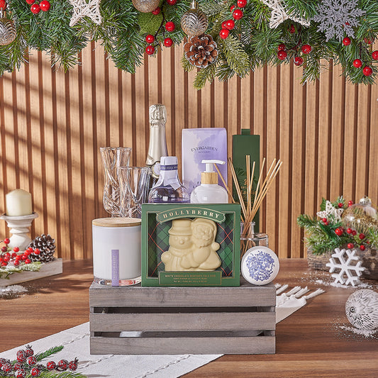 Joyful Champagne & Spa Gift Crate, Christmas gift, Christmas, champagne gift, champagne, sparkling wine gift, sparkling wine, chocolate gift, chocolate, Canada delivery