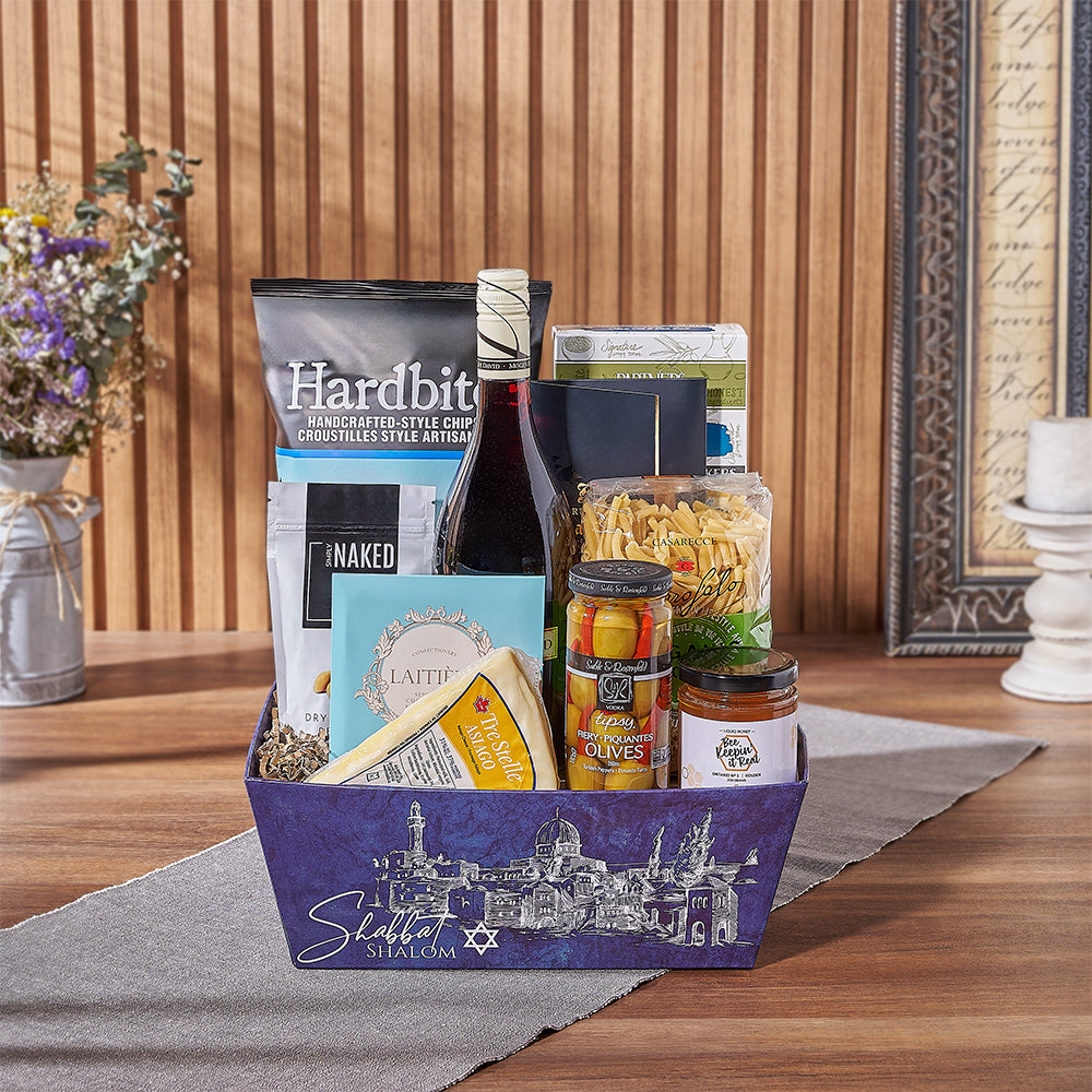 Kosher Wine and Gourmet Treats in Blue Shabbat Shalom Market Tray – how the gift is presented
