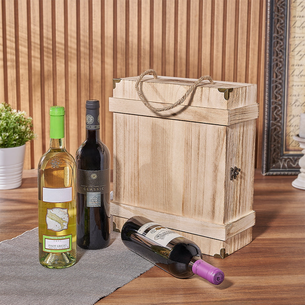 Wooden Box Kosher Wine Gift Basket with Three Bottles – gift basket with 3 kosher bottles of wine and trio wine box w/burned finish