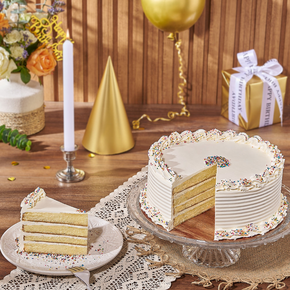 Classic Vanilla Birthday Cake Topped with Rainbow Sprinkles – how the gift is presented
