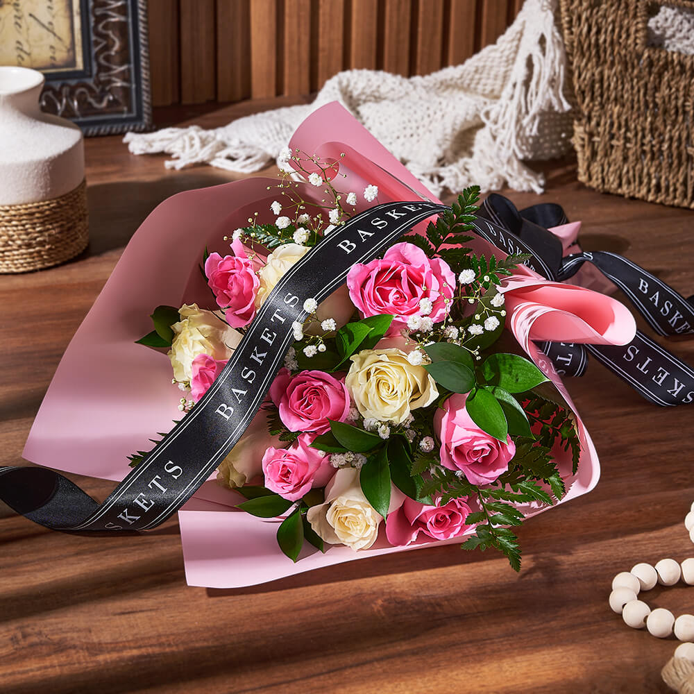 Elegant Pink Rose and White Baby's Breath Bouquet – how the gift is presented