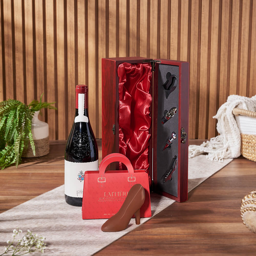 Mahogany Wood Wine Gift Basket, wine gift, wine, chocolate gift, chocolate, Canada delivery
