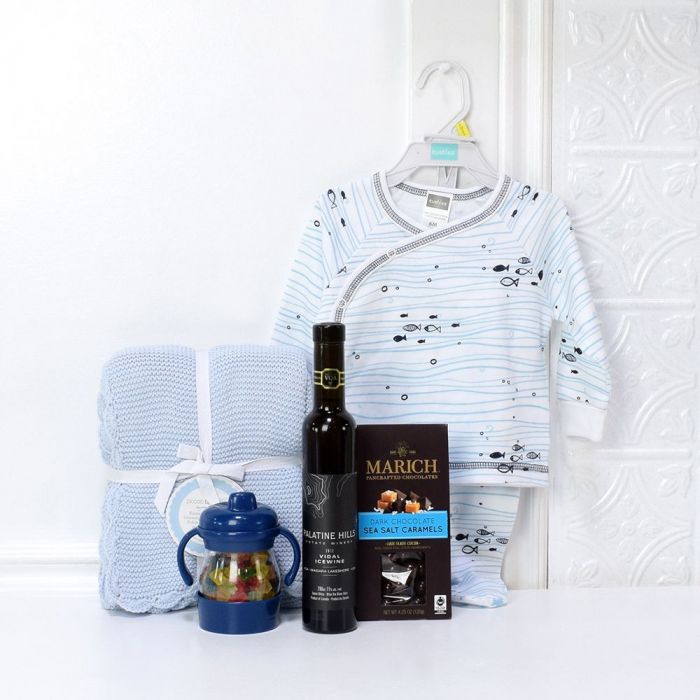 Baby Boy and Mom Wine Gift Basket with Marich Dark Chocolate Caramels – how the gift is presented