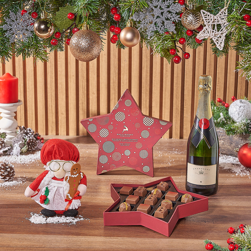 Mrs. Claus Holiday Gift Set Featuring Sparkling Wine and Chocolate Truffles – how the gift is presented