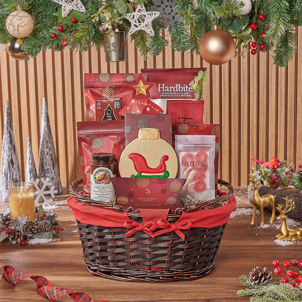 Holiday Chocolates and Snacks Basket – how the gift is presented