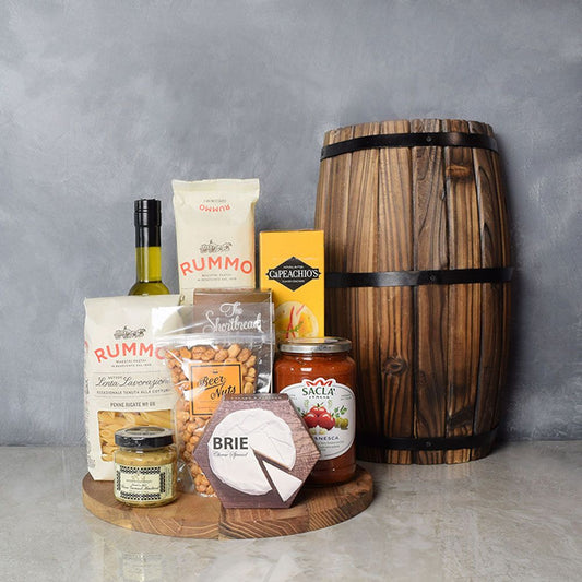 "Pasta Puttanesca Gift Set" Beer, Spaghetti and Mezze Penne Rigate Pasta, Puttanesca Sauce, Olive Oil, with Crackers-Canada Baskets- Canada delivery