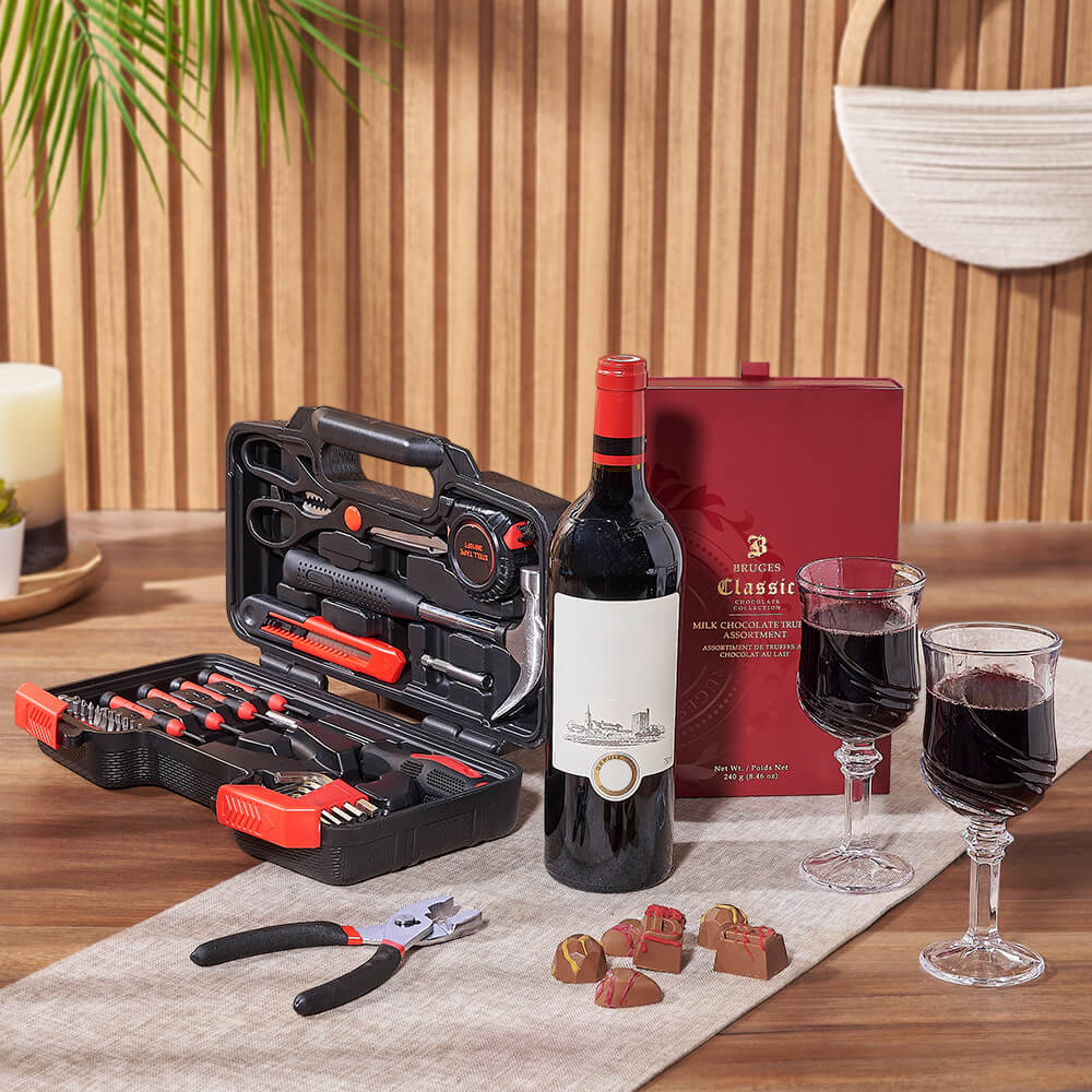 Practical Wine &amp; Tool Gift, wine gift, wine, tool gift, tools, chocolate gift, chocolate, Canada delivery