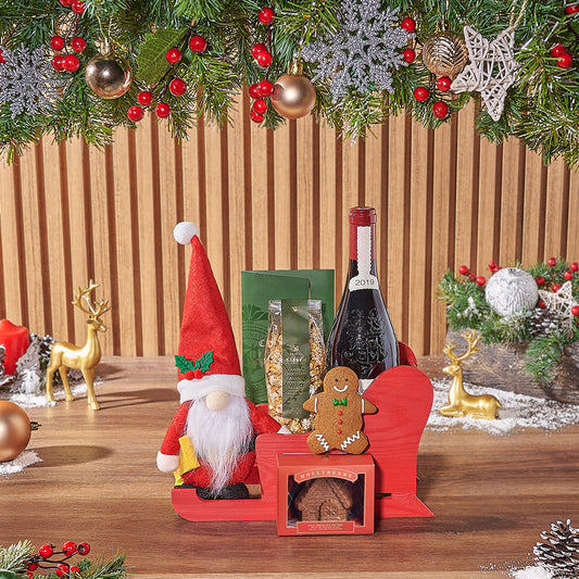 Saint Nick’s Sleigh Basket with Wine, Christmas gift, Christmas, chocolate gift, chocolate, wine gift, wine, Canada delivery