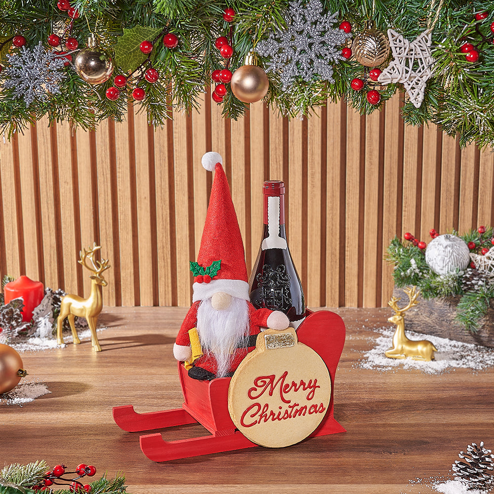 Red Wooden Sled Wine Gift – how the gift is presented
