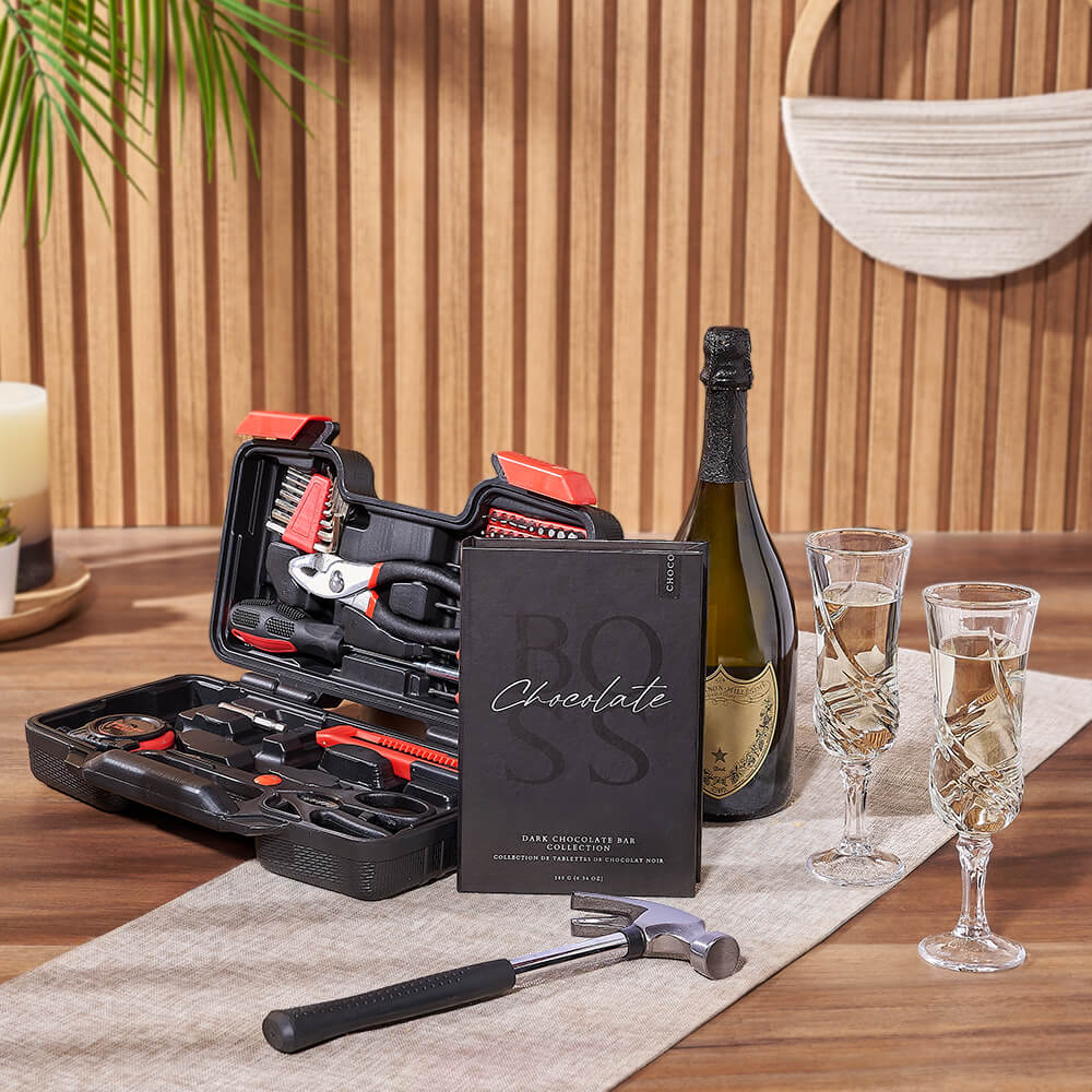 Sensible Champagne &amp; Tool Gift, champagne gift, champagne, sparkling wine gift, sparkling wine, chocolate gift, chocolate, tool gift, tools, Canada delivery