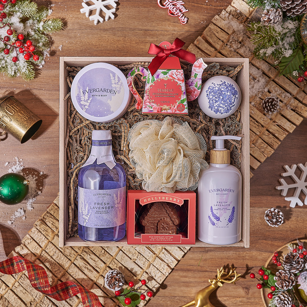 Serene Christmas Gift Box, chocolate gift, chocolate, Christmas gift, Christmas, tea gift, tea, spa gift, spa, bath gift, bath, Canada delivery