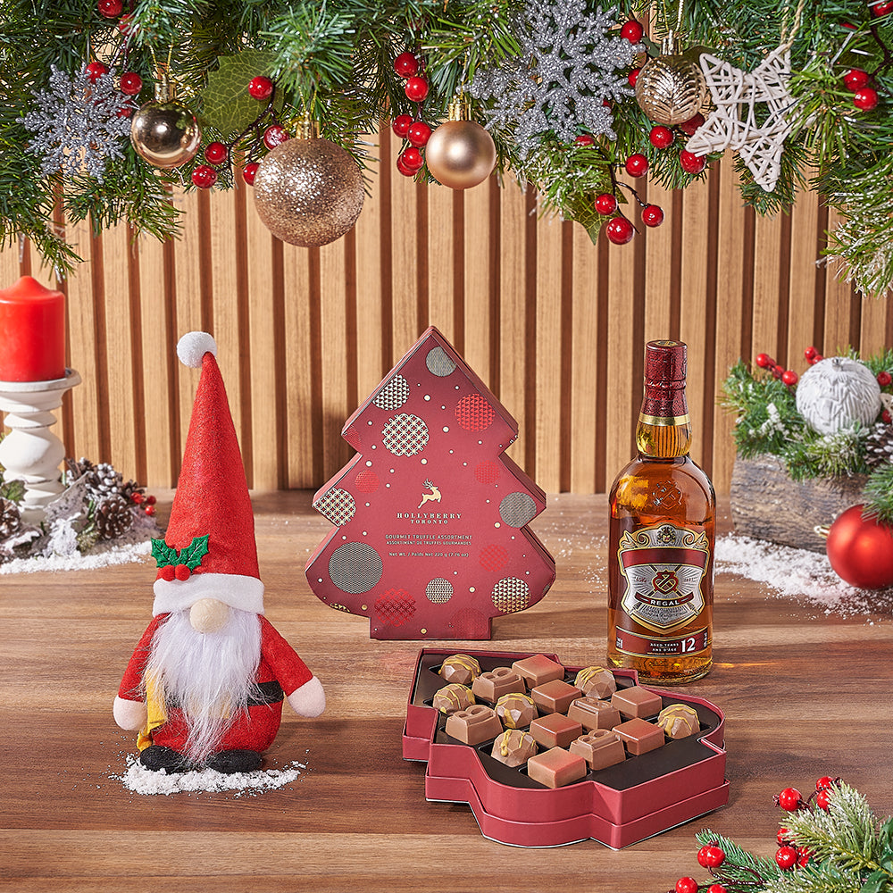 Holiday Season Liquor Gift Basket with Gourmet Chocolate Truffles – how the gift is presented