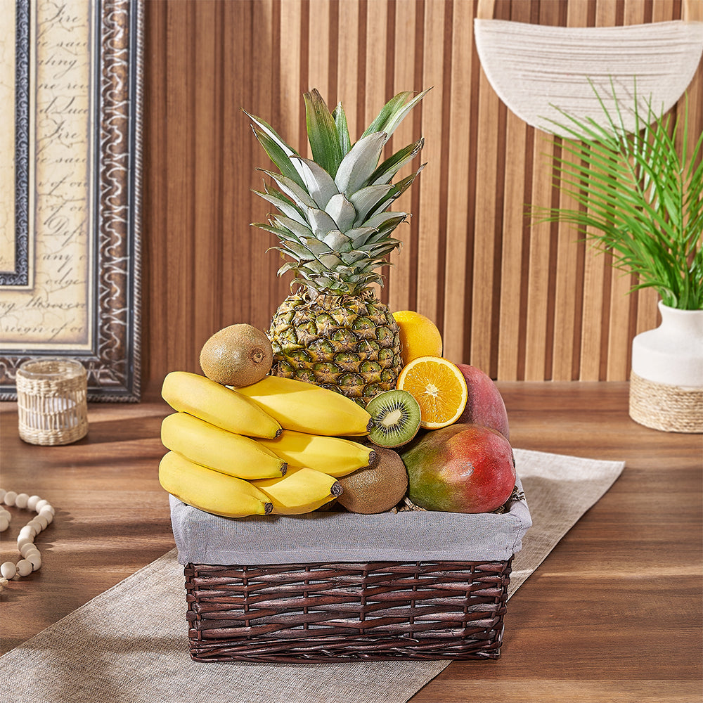 Grey Wicker Tropical Fruit Basket – how the gift is presented
