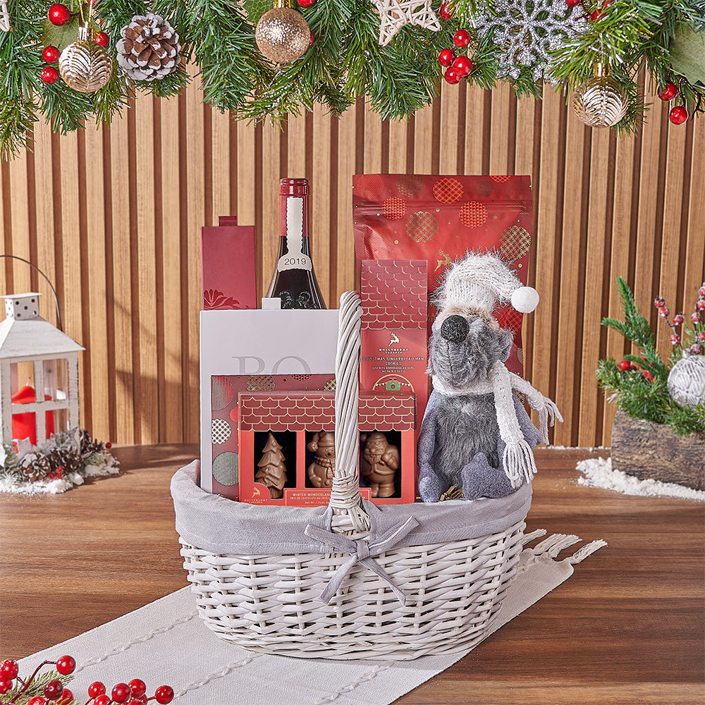 Festive Wine and Chocolate Gift Basket with Plush Holiday Mouse – how the gift is presented