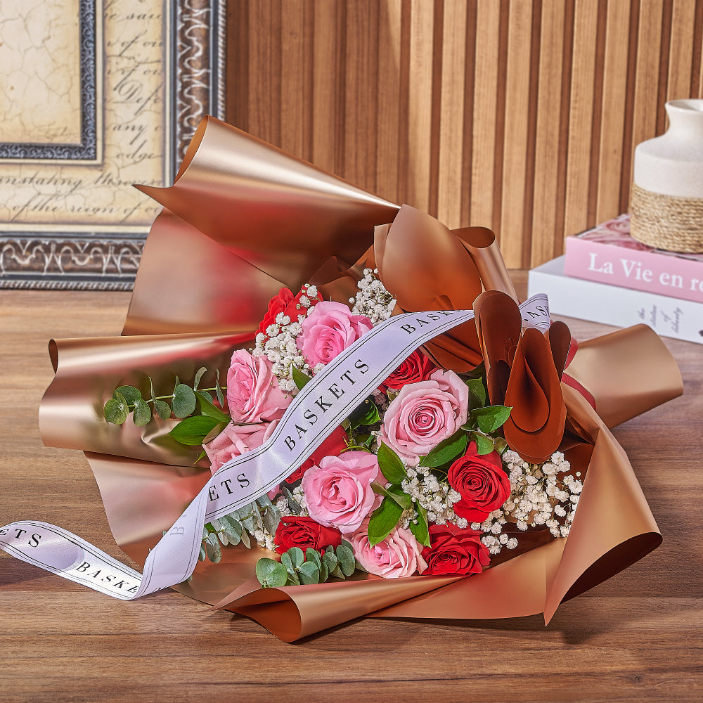 Classic Red and Pink Rose Bouquet Tied with Ribbon – how the gift is presented