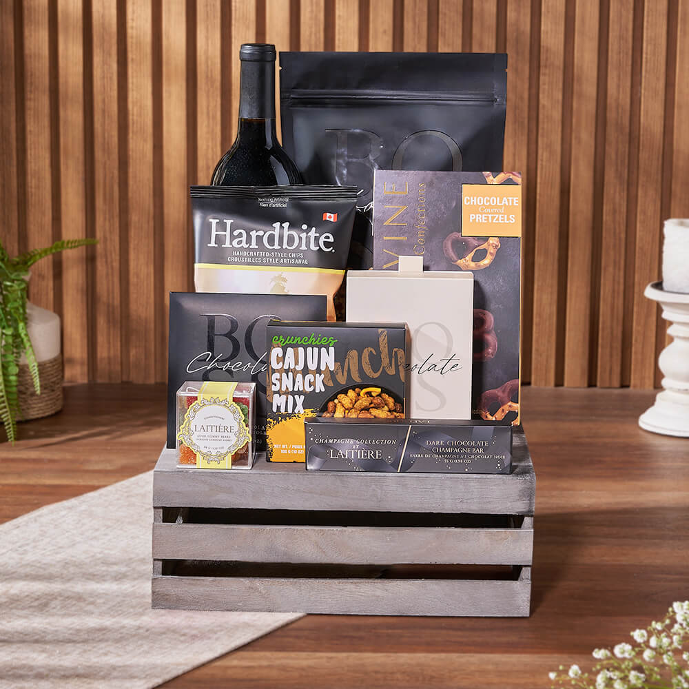 Chocolate and Gourmet Snack Gift Basket – how the gift is presented