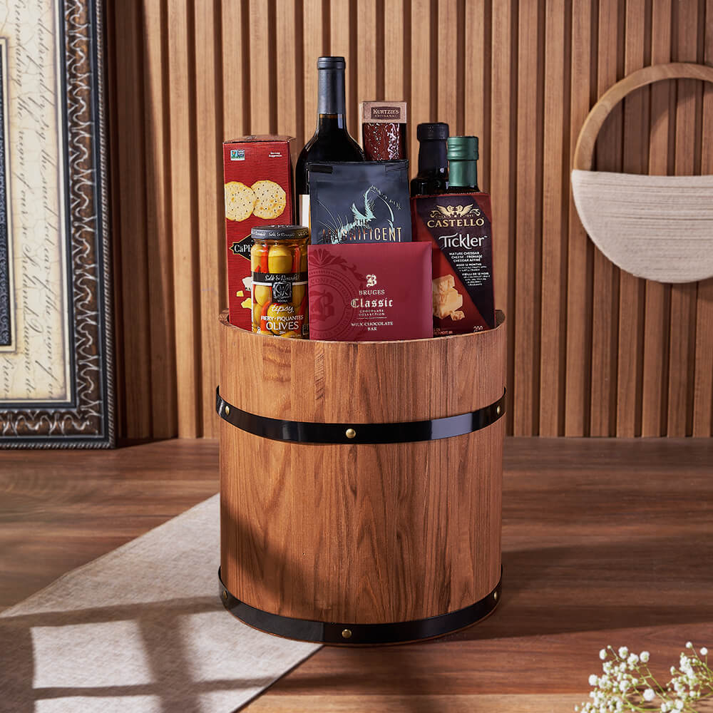 Ultimate Wine &amp; Cheese Barrel, wine gift, wine, cheese gift, cheese, charcuterie gift, charcuterie, Canada delivery