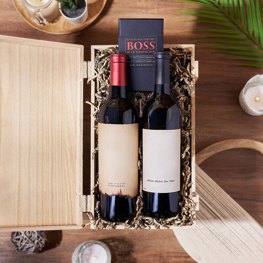 Vintage Wine Duo Gift Crate, wine gift, wine, chocolate gift, chocolate, Canada delivery