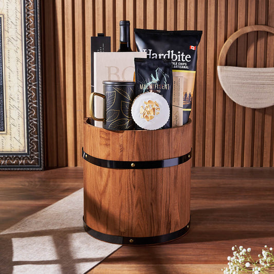 Wine Barrel Gift Basket, wine gift, wine, chocolate gift, chocolate, coffee gift, coffee, Canada delivery