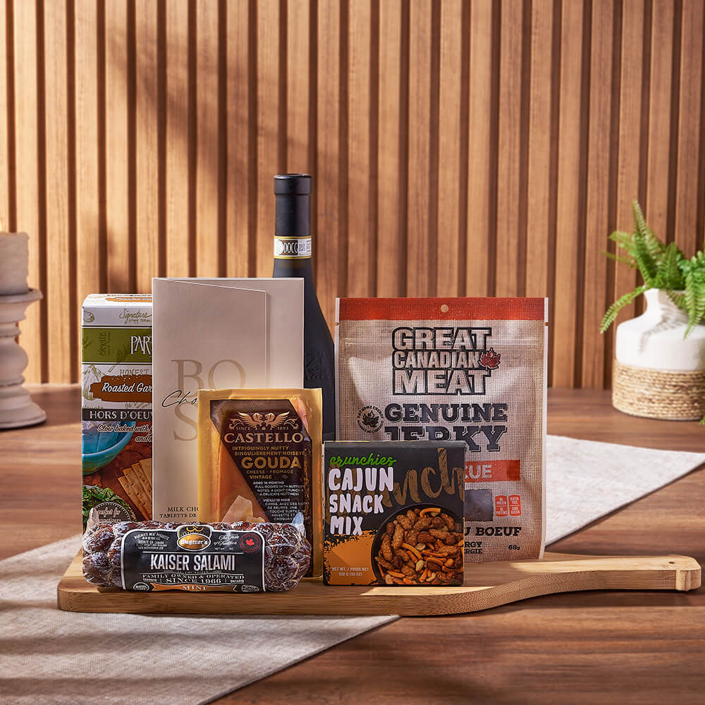 Wine &amp; Cheesy Treats Platter, wine gift, wine, cheese gift, cheese, salami gift, salami, gourmet gift, gourmet, Canada delivery